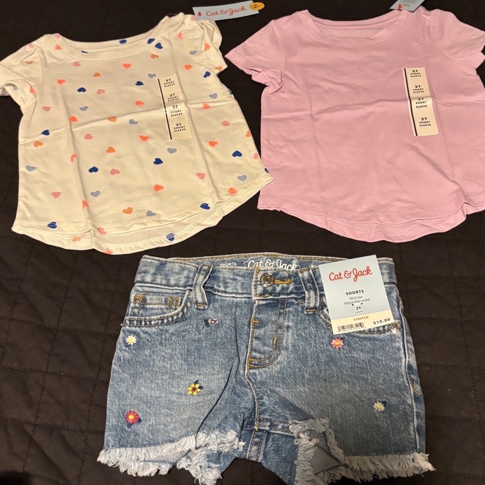 Cat & Jack Toddler Girl 2T Outfit Set Heart Purple Tees Floral Denim Shorts NWT